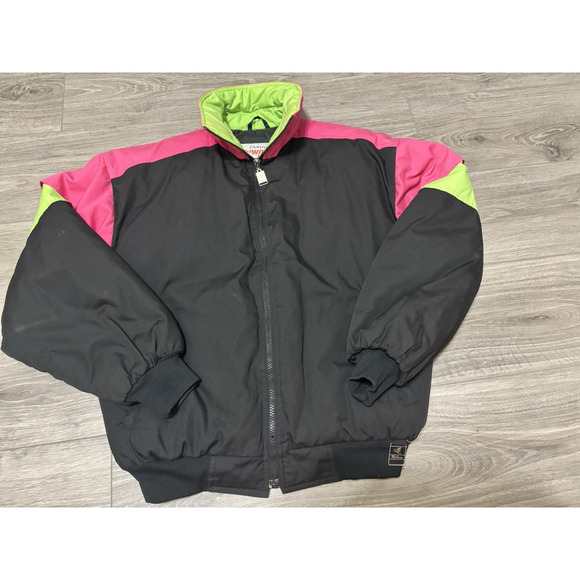 Vtg Retro Ski Jacket Womens Medium Downhill Racer Puffer 80s Blk Neon Pink Green - Picture 1 of 5